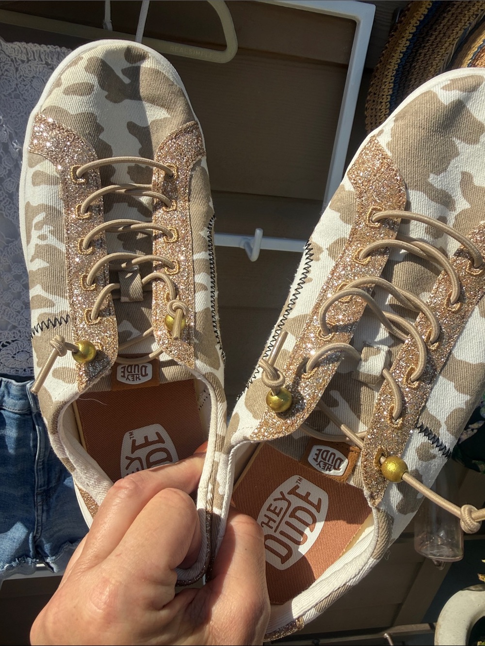 Hey Dude NEW Festival Women's Tan Beige Camo Sneakers with Gold Glitter Trim 10 - Picture 11 of 13
